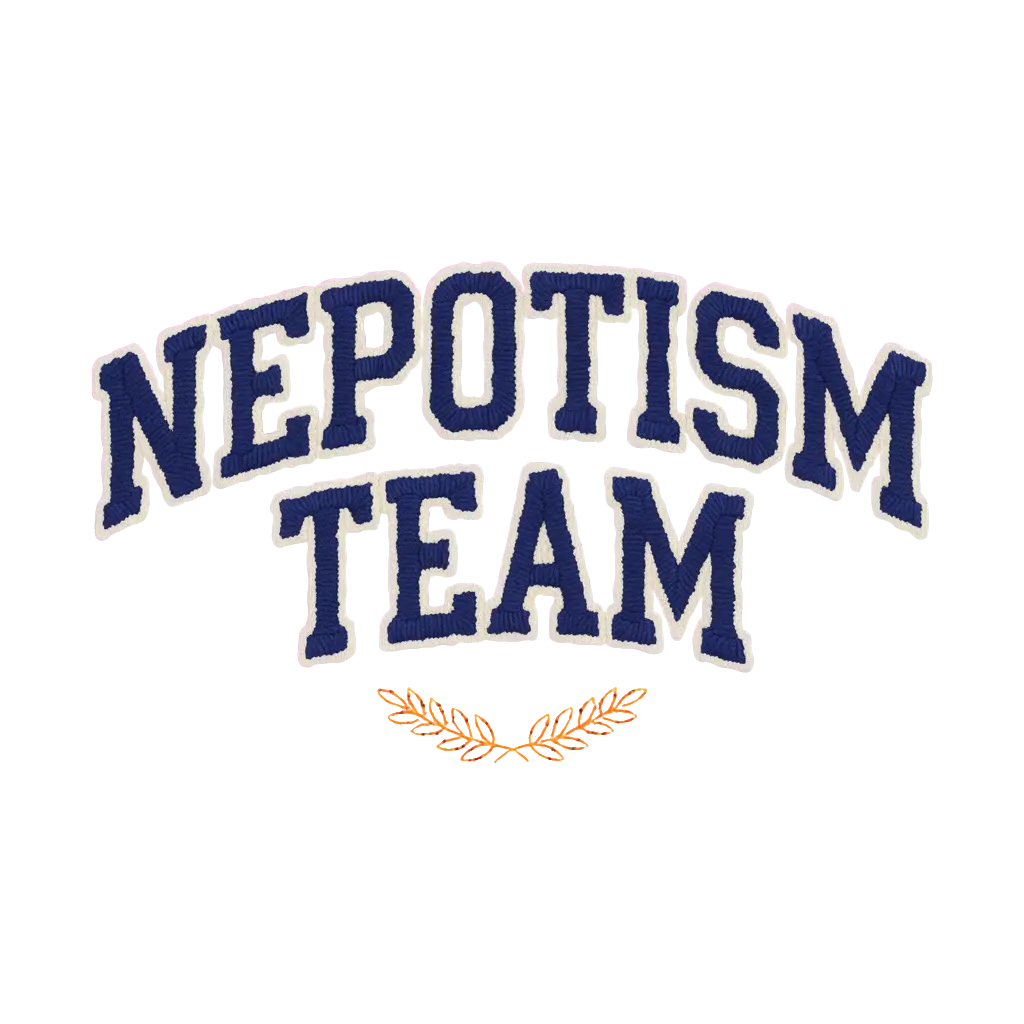 Stadium varsity lettering spelling 'NEPOTISM TEAM' in chenille patch style