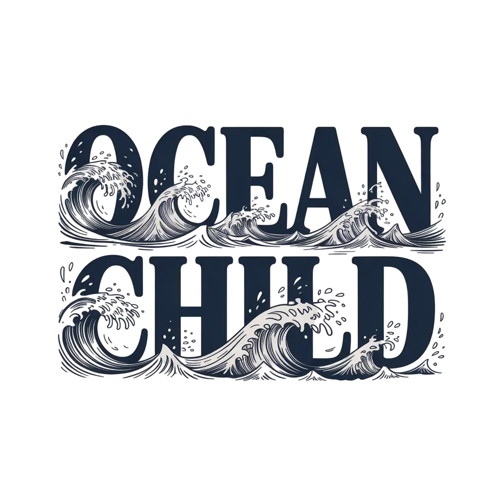 OCEAN CHILD typography with waves, background removed by Photoroom