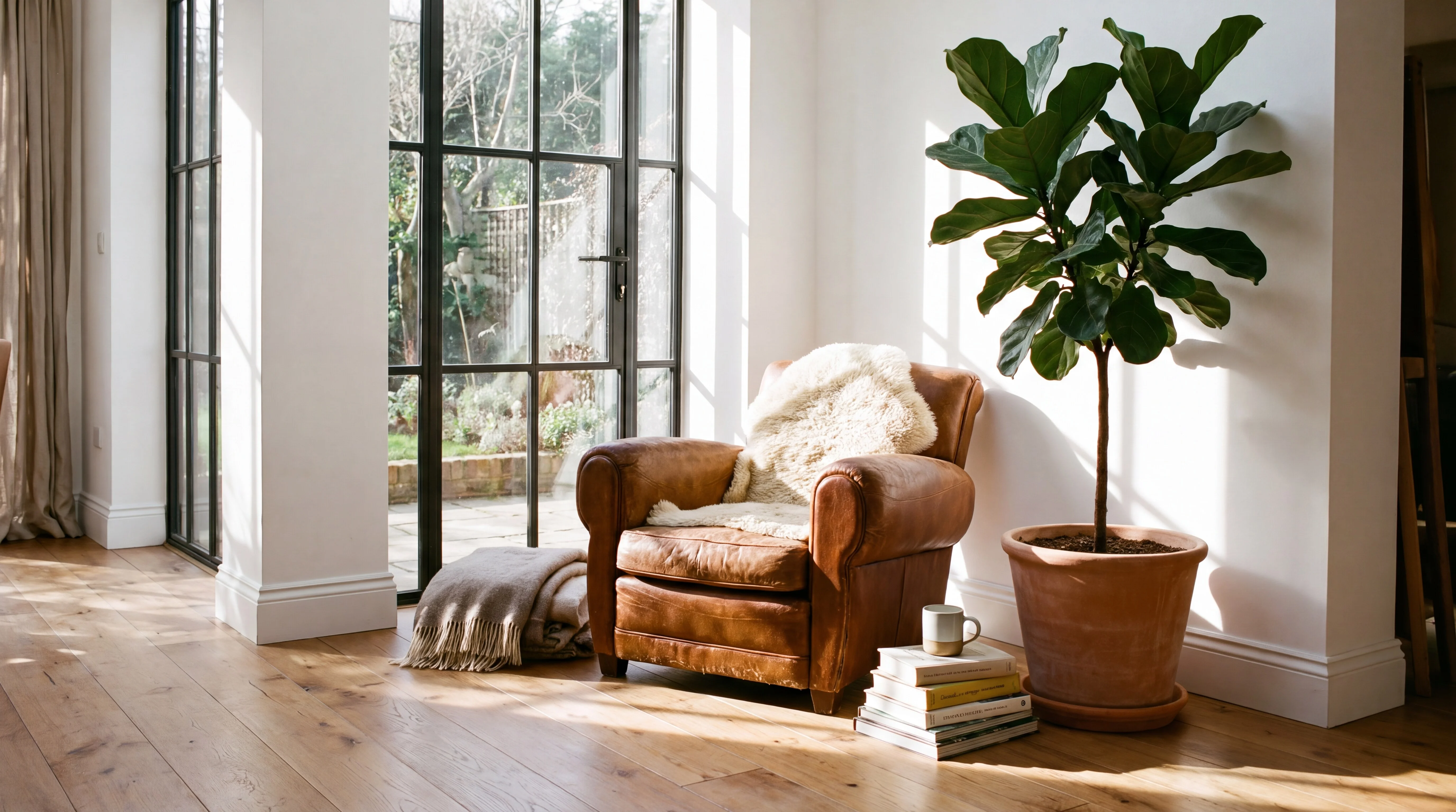 A reading corner with a leather armchair and a tall potted fig tree