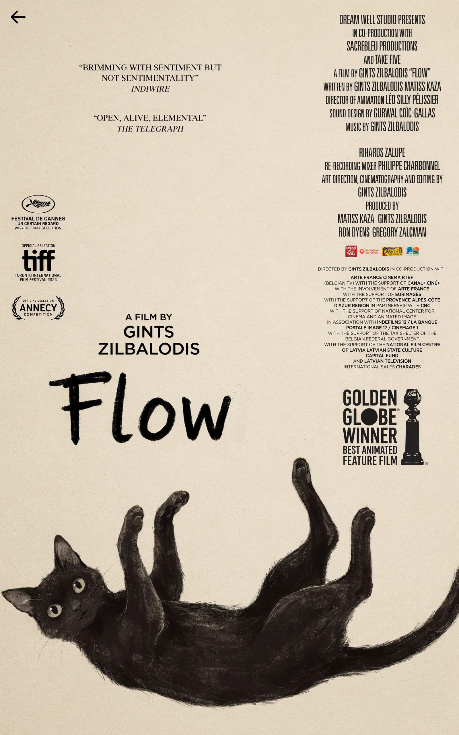 A minimalist poster for Flow with a hand-drawn black title, film credits, festival laurels, a Golden Globe award note, and a black cat floating on a cream paper background.