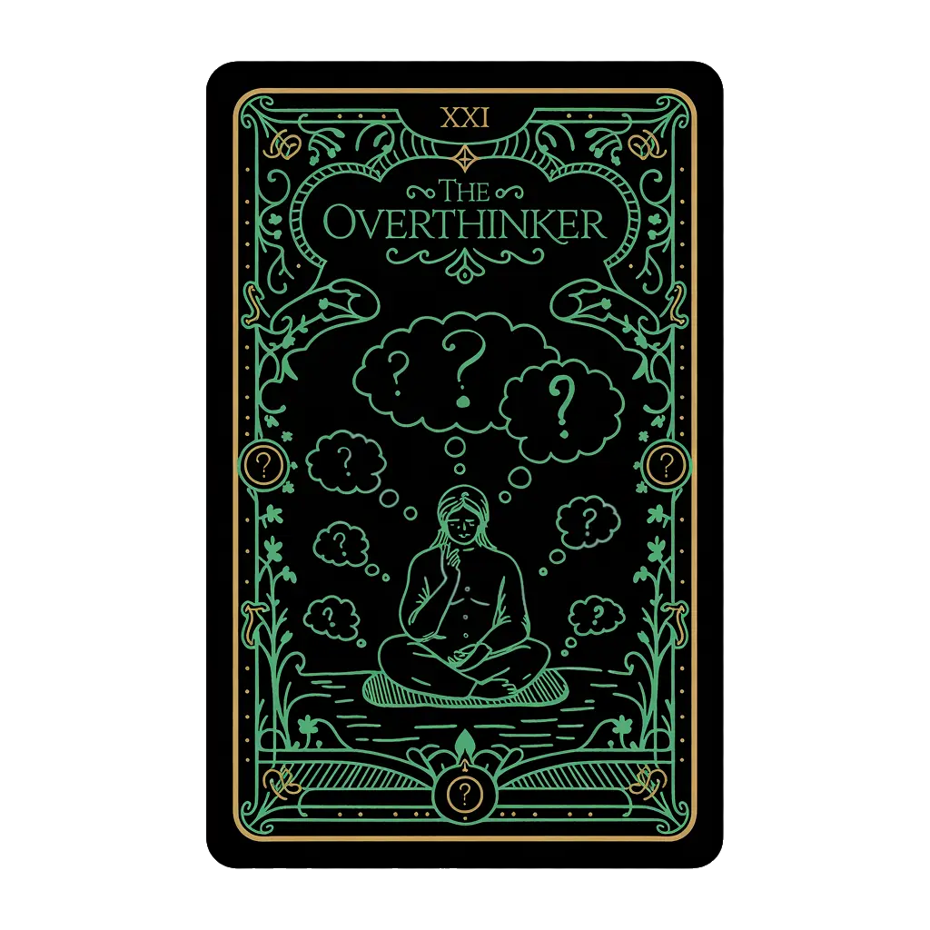 Vintage tarot card titled 'THE OVERTHINKER' with a figure surrounded by floating though...