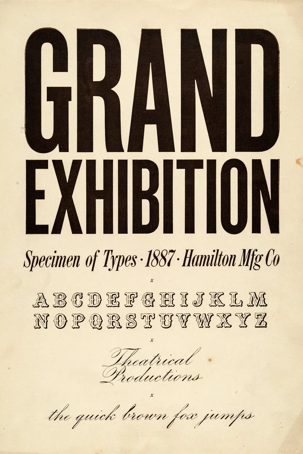 Victorian wood type specimen broadsheet: twelve decorative wood type faces at various sizes on aged ivory paper, letterpress impressions, authentic commercial typography.
