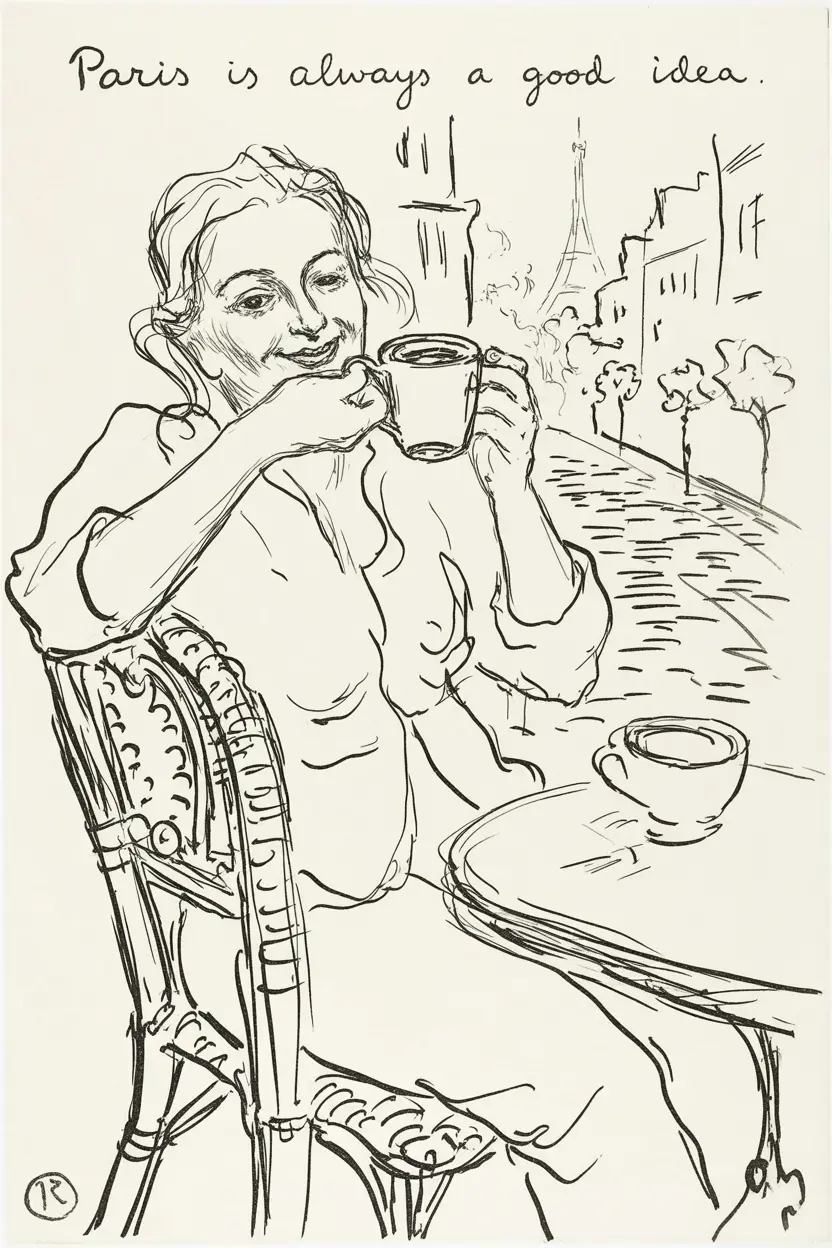Pen and ink Paris bistro scene