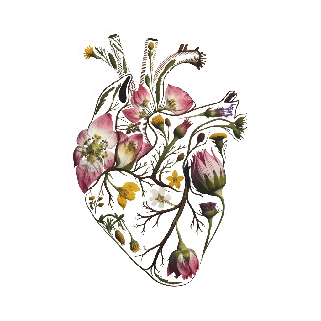 Pressed-flower illustration of wildflowers arranged in the shape of a heart