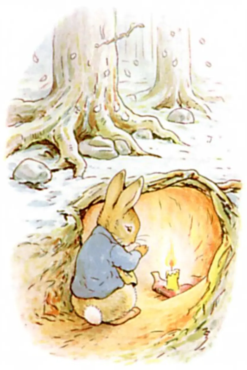 Peter Rabbit watching winter snowfall from inside a warm burrow
