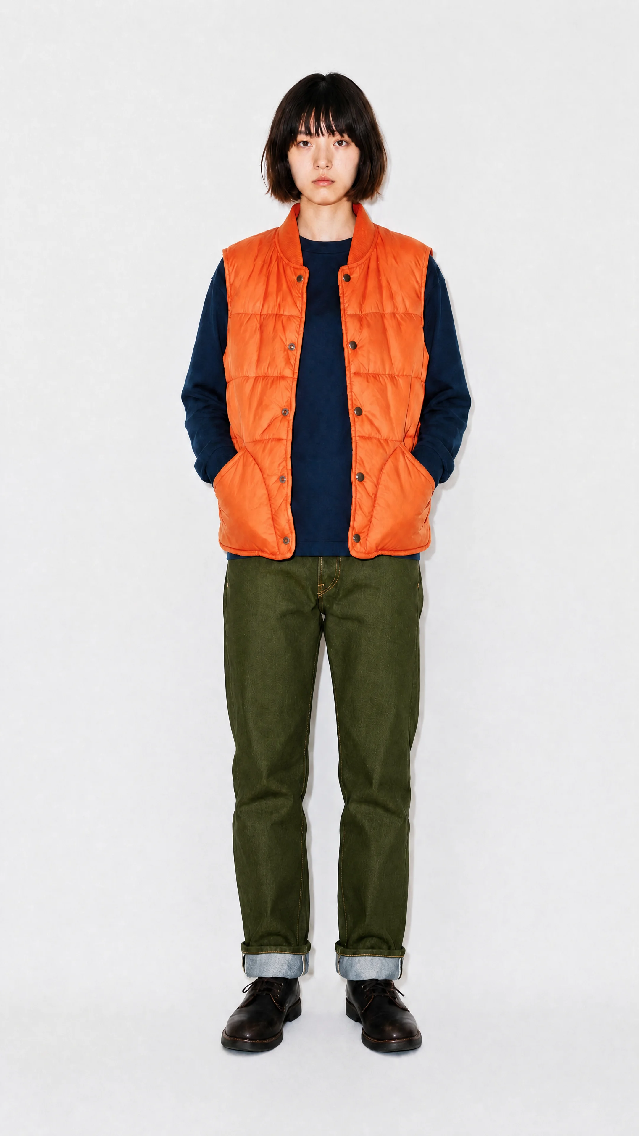 The same photo with only the jeans recolored to olive