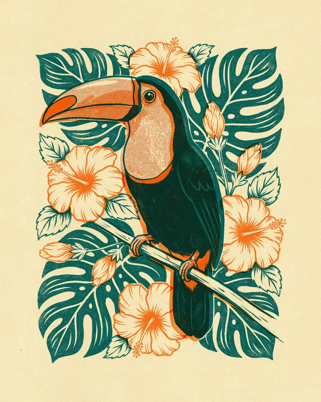 Risograph print, two-color fluorescent orange and deep teal: a toucan on a tropical branch with monstera leaves, coarse halftone dots, deliberate ink misregistration.