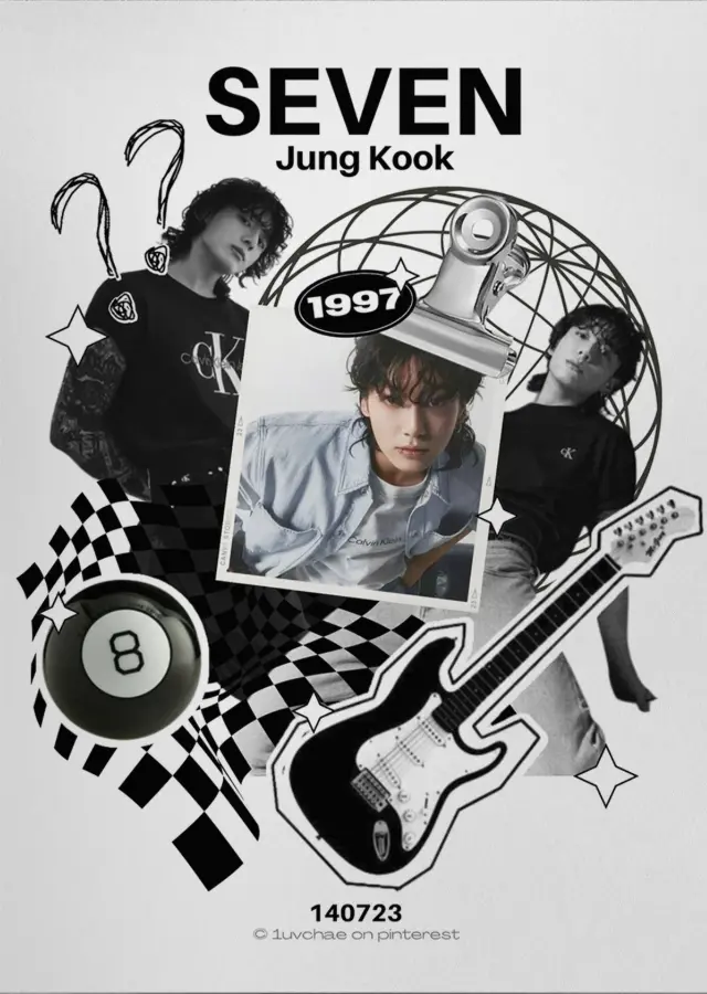 A black and white collage-style SEVEN poster featuring Jung Kook, a checkered pattern, an 8-ball, a guitar, stars, and question marks.