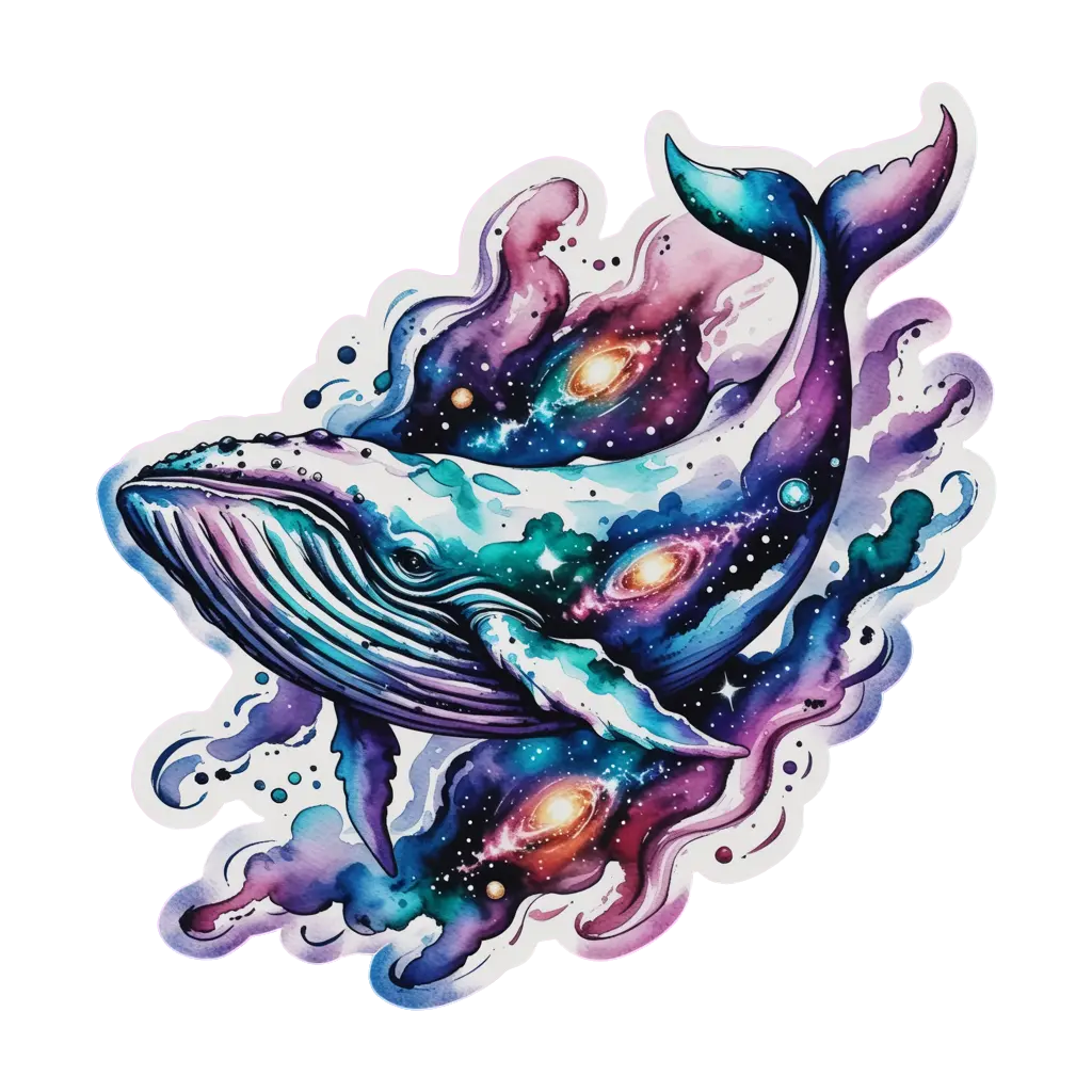 Watercolor whale gliding through nebula clouds