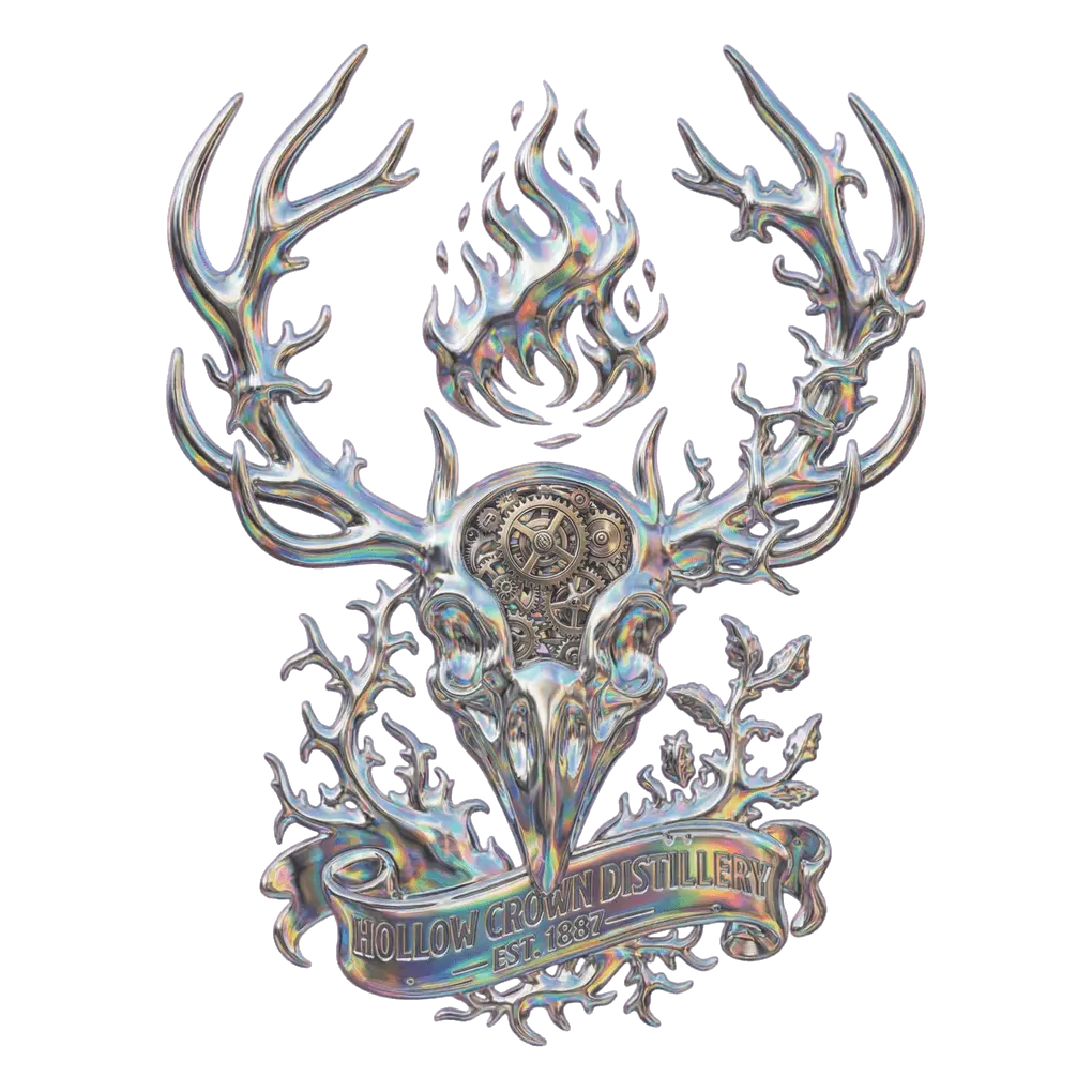 Edited: liquid-mercury emblem with holographic reflections, background still transparent