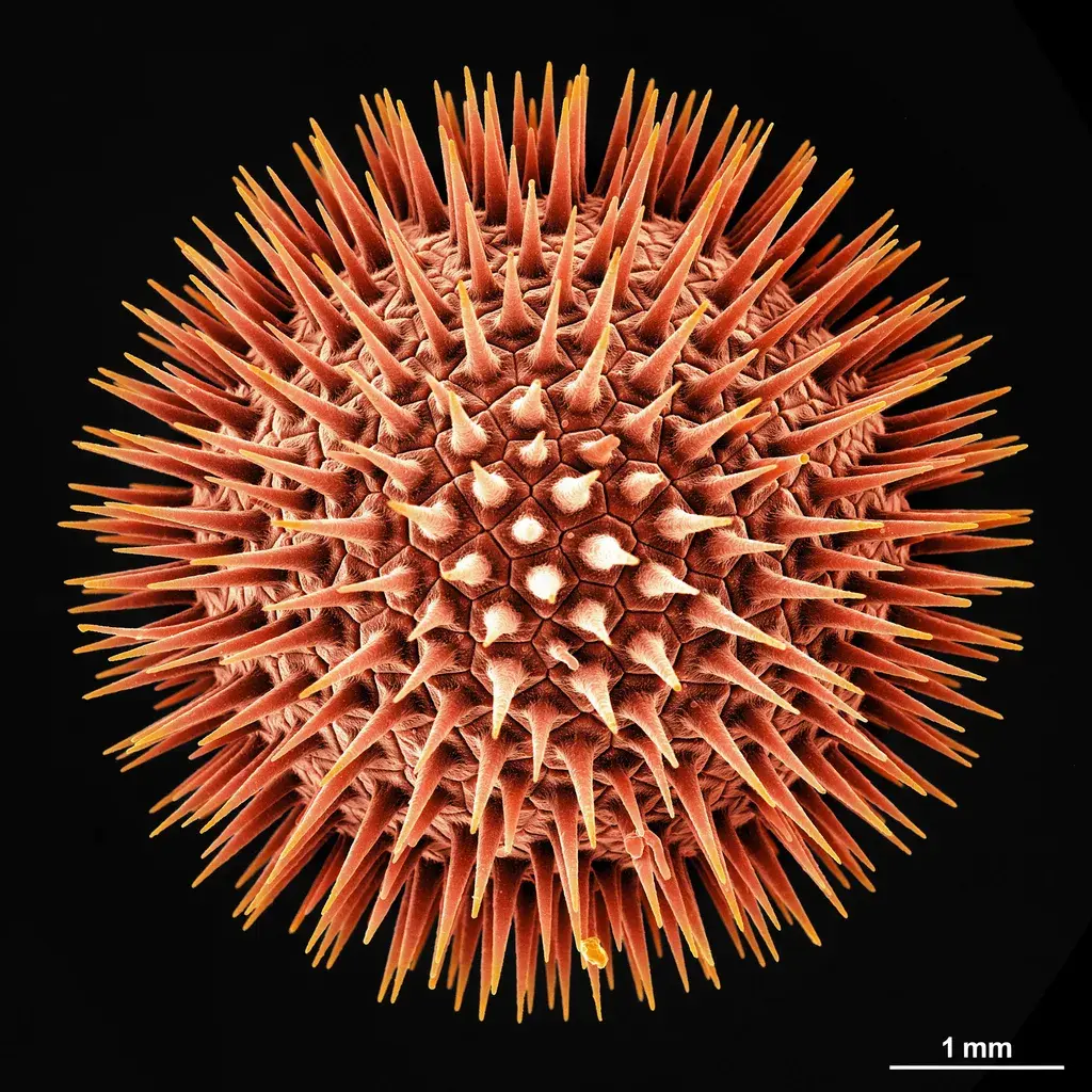 False-color scanning electron microscope: hibiscus pollen grain, coral-orange sphere with gold-tipped crystalline spines, pure black background.