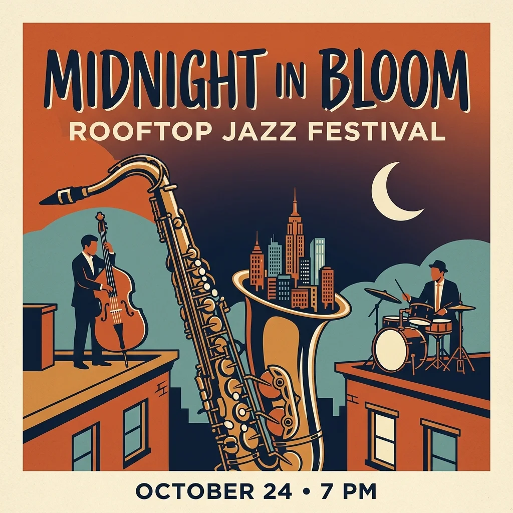 Illustrated rooftop jazz poster with event lettering, a saxophone, and musicians in the supplied generation test.