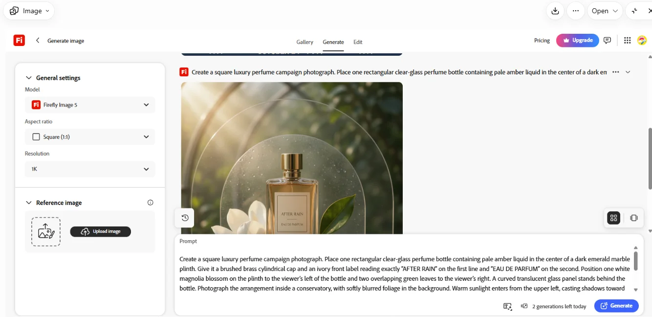Adobe Firefly interface and recorded test settings from the supplied article.