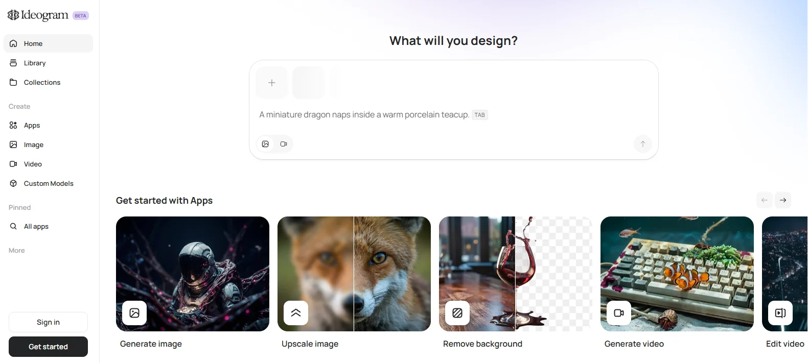 Ideogram workspace with the image prompt field and apps for generating images, upscaling, and removing backgrounds.