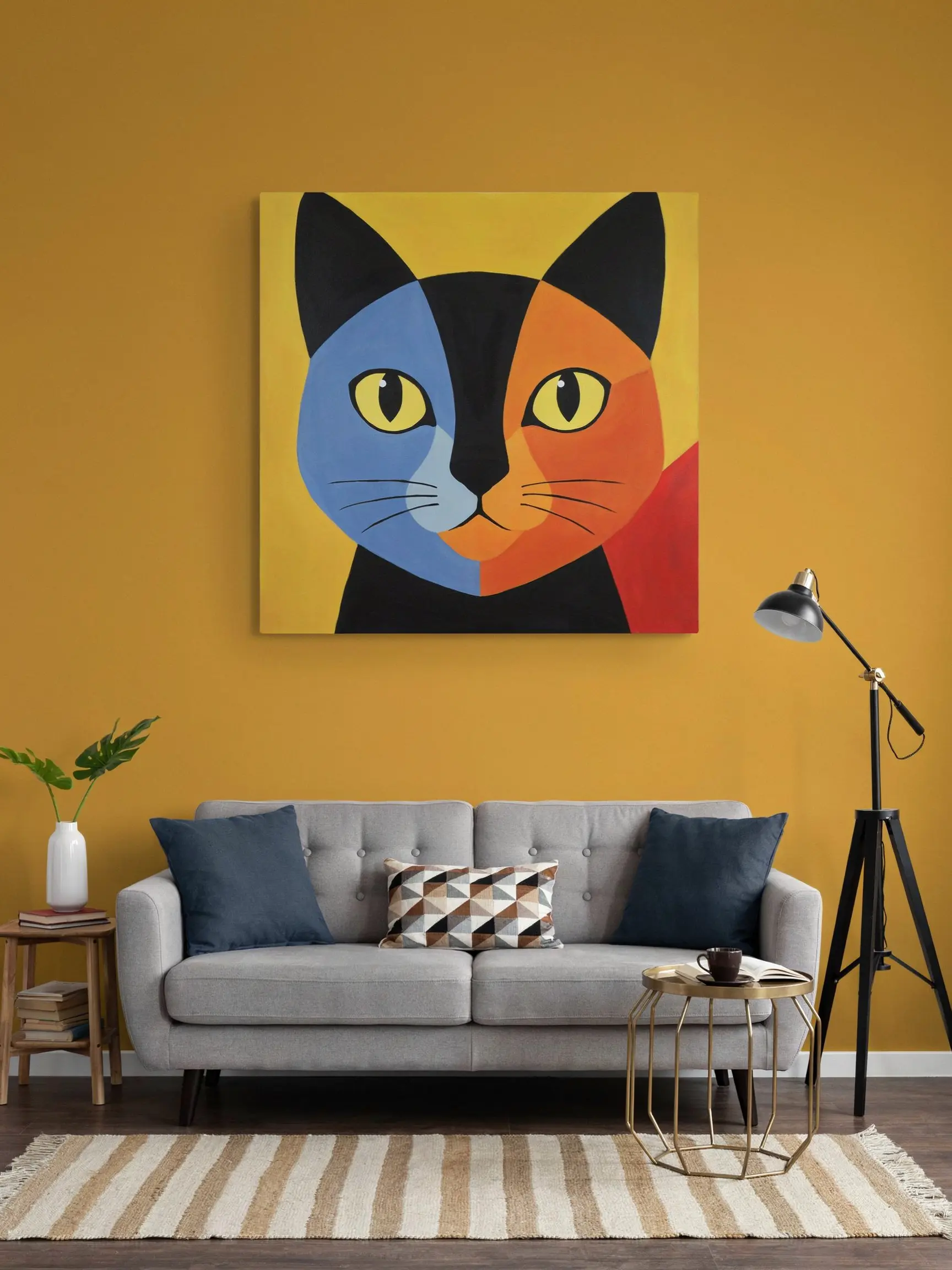 A recreated modern living room with a mustard yellow wall, gray sofa, cat painting, side tables, and floor lamp.