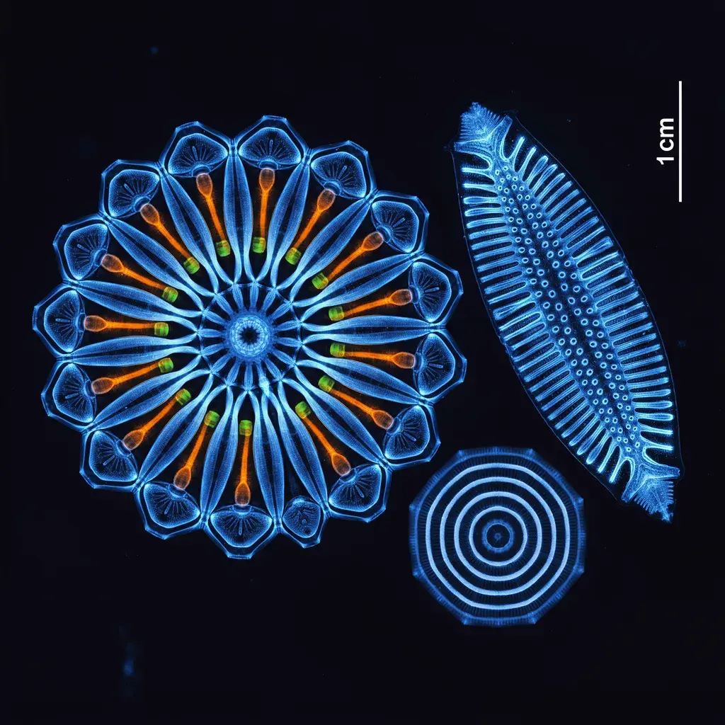 False-color fluorescence microscopy: three interlocking marine diatoms, electric blue silica shells with orange and green fluorescent internal structures.