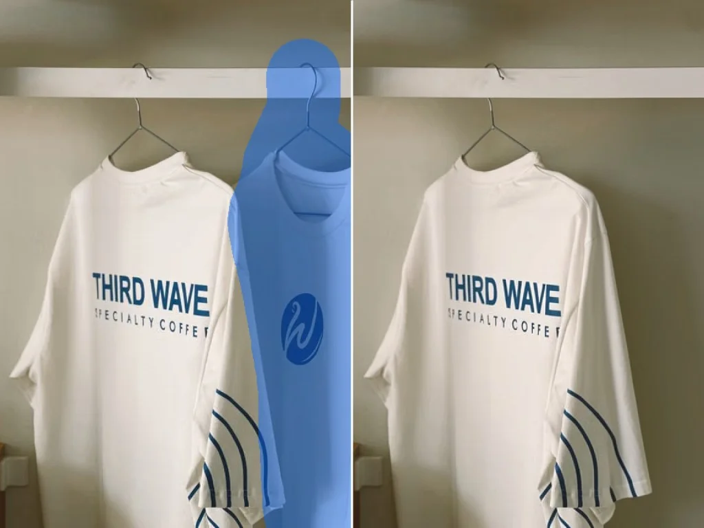 Before and after removing a second t-shirt from a product photo of hanging apparel