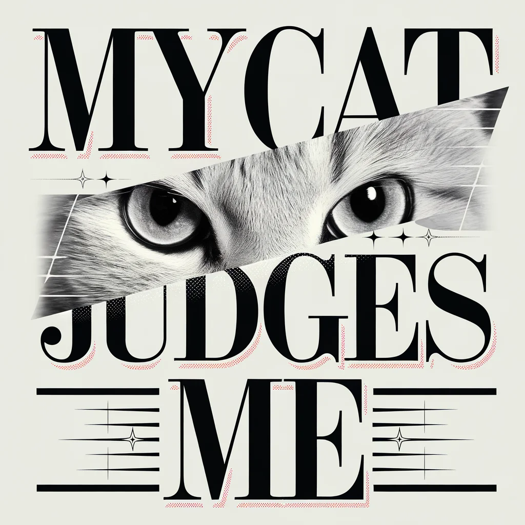 Source image: Cat eyes framed by oversized serif lettering reading My Cat Judges Me