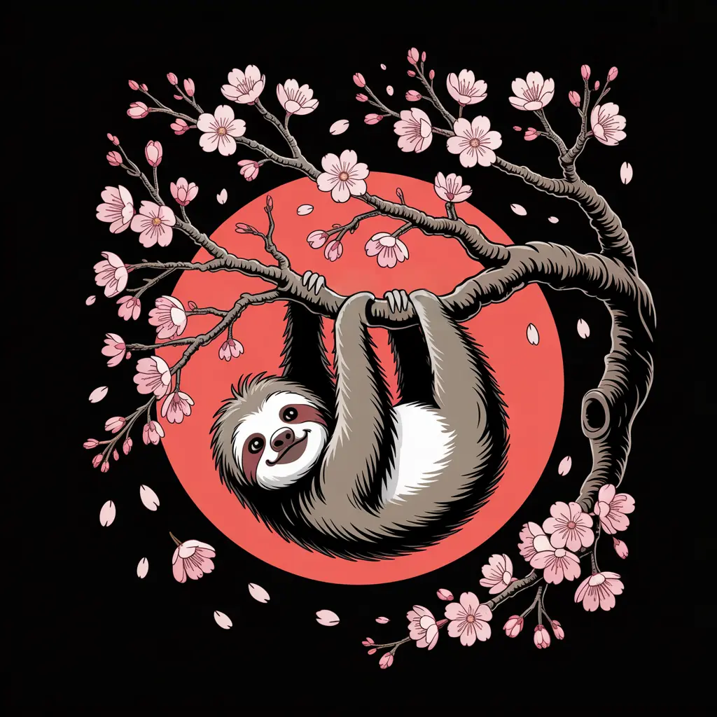 Input: sloth hanging from a cherry-blossom branch in front of a red sun, on black