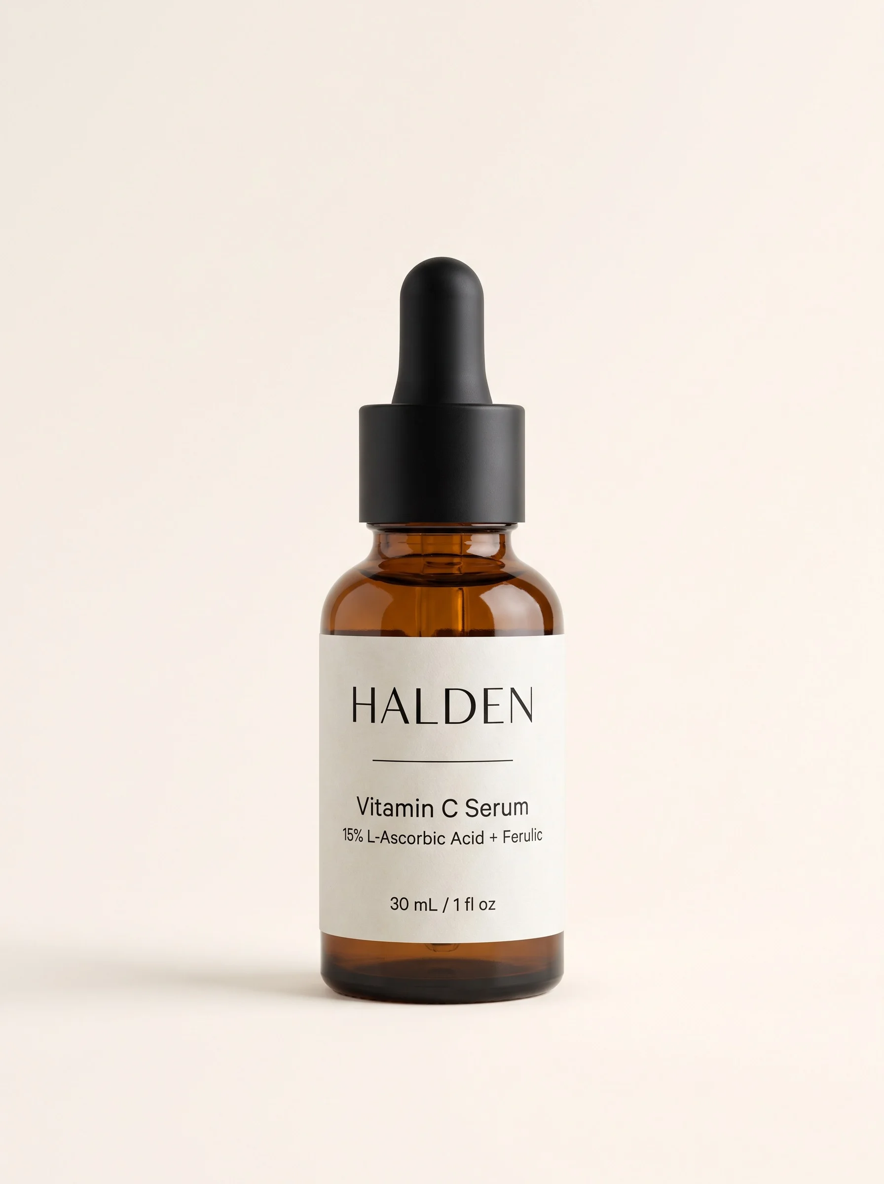 A studio packshot of the Halden Vitamin C Serum bottle with the correct label