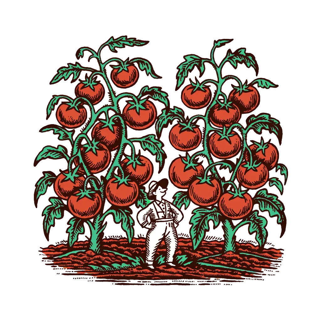Vintage seed-packet illustration of tomatoes growing in defiance of season