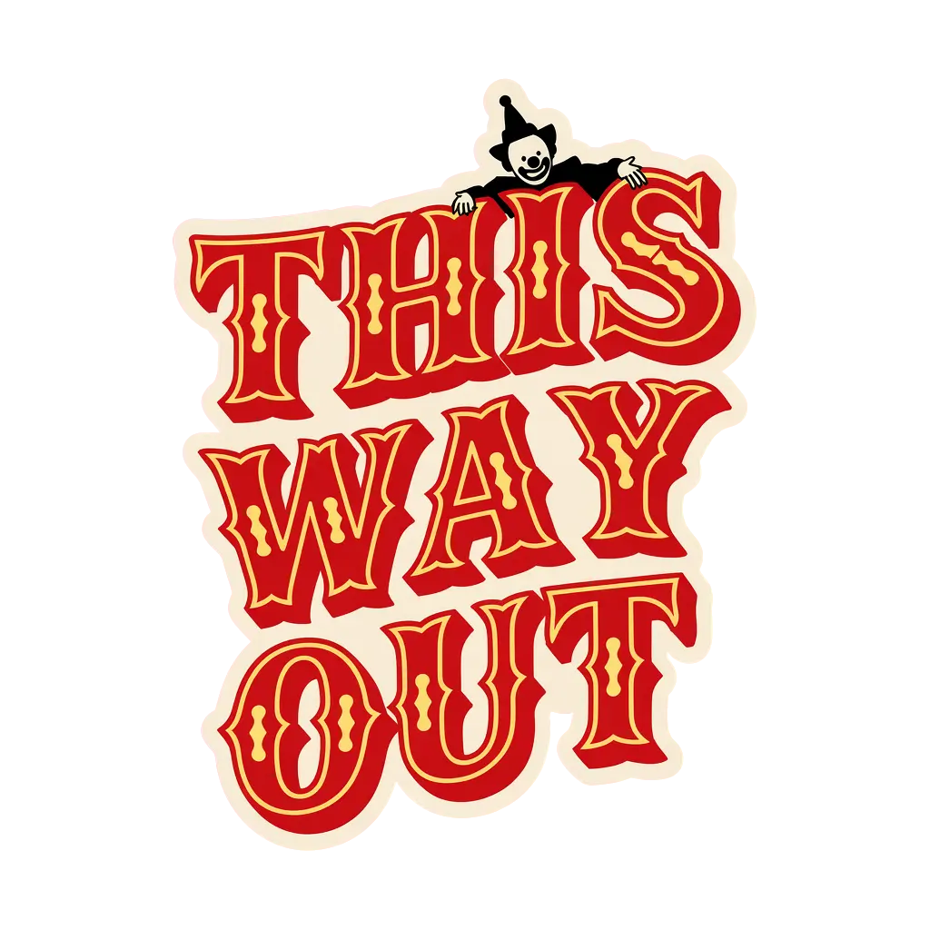 Vintage circus banner typography spelling 'THIS WAY OUT' in stacked carnival lettering