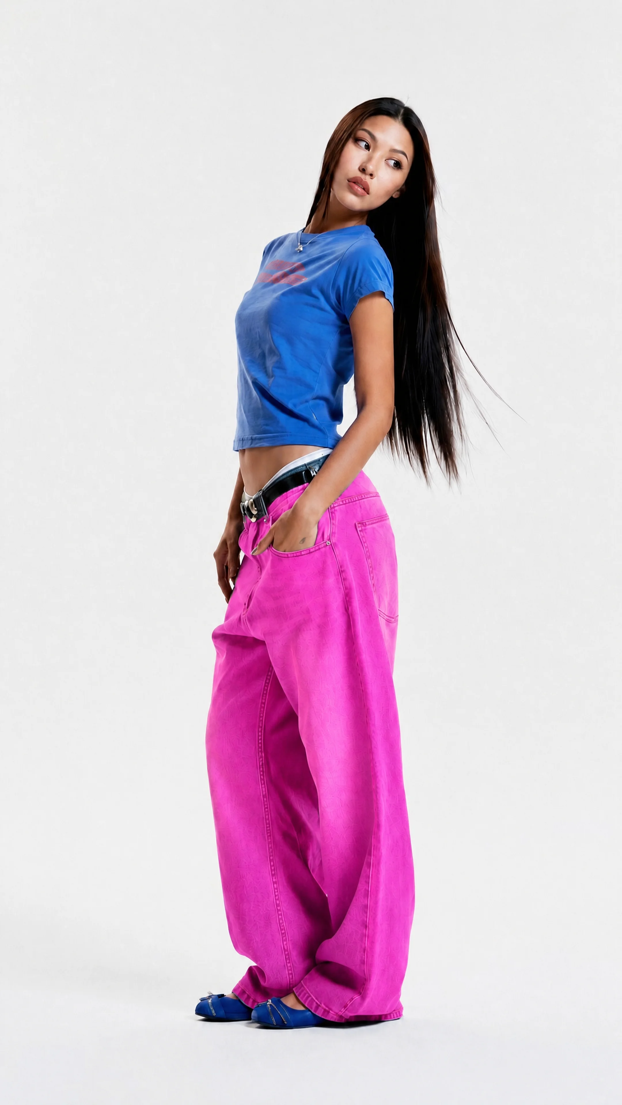 The same photo with only the jeans recolored to fuchsia