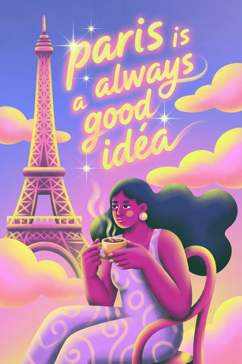 Flowing hair illustration Paris bistro