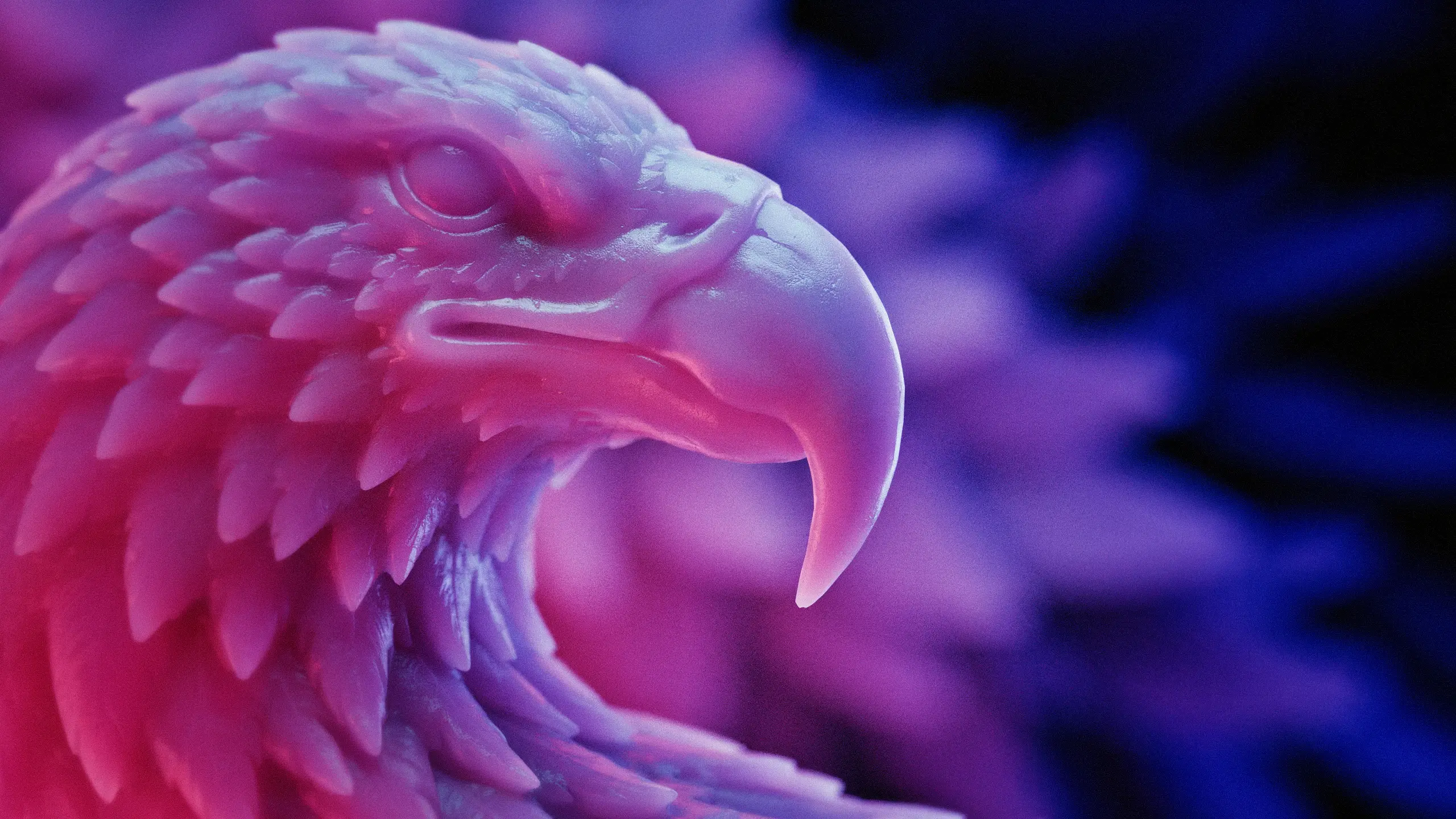 Eagle talon sculpted in frosted translucent plastic, emerging from a neon purple void.