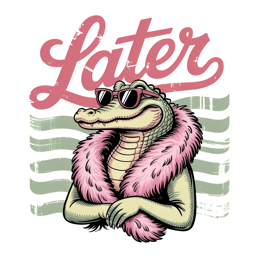 LATER alligator in pink boa with sunglasses, background removed