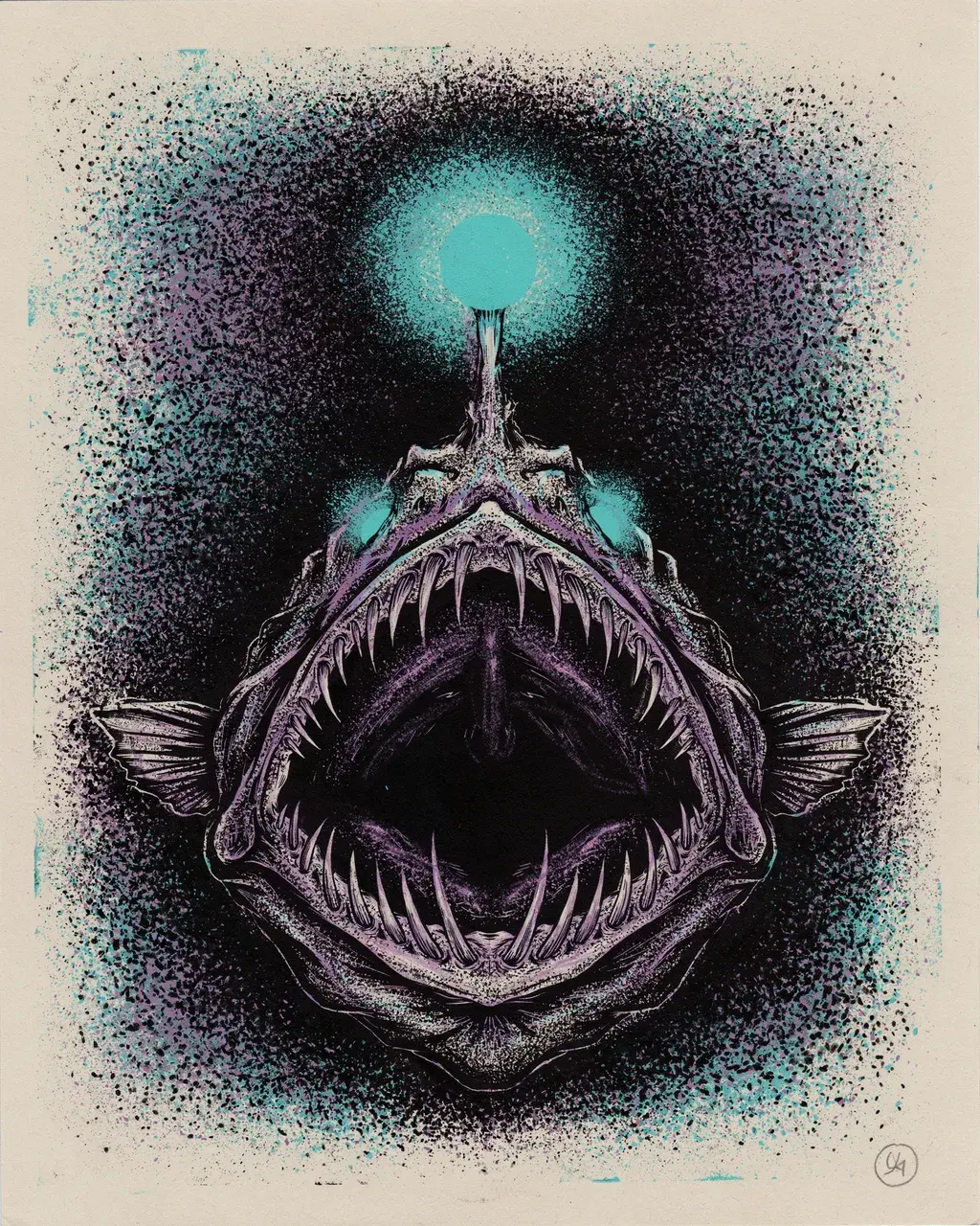 Two-color risograph print, fluorescent cyan and deep violet on cream stock: a deep-sea anglerfish with a bioluminescent lure orb, massive fanged jaw, body dissolving into coarse halftone dots with ink misregistration at the gills.