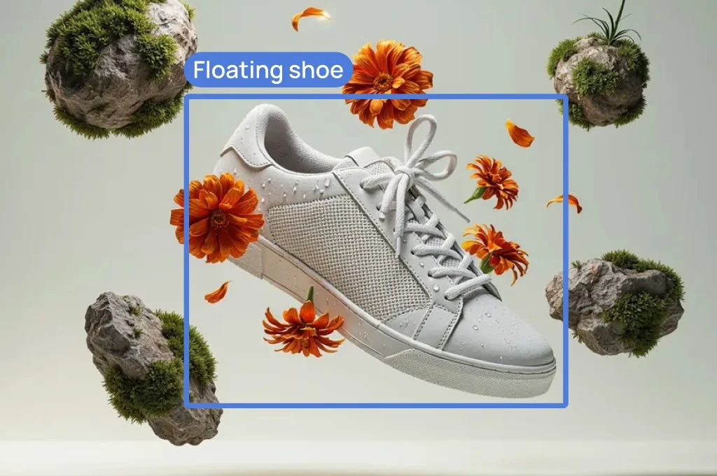 A floating white sneaker with flowers and rocks, labeled by a custom app with a bounding box