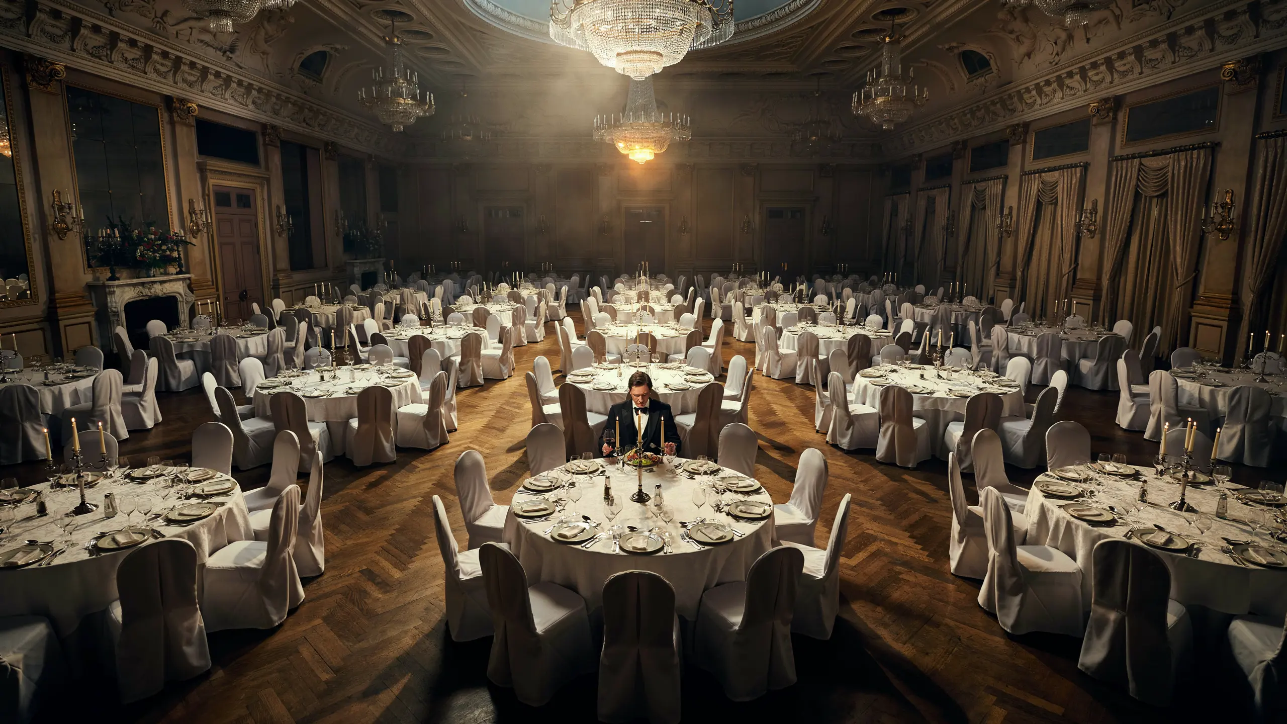 Edwardian hotel ballroom at 3am, hundreds of tables set for dinner, every chair facing inward at one man eating alone.
