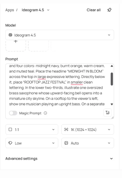Ideogram interface and recorded test settings from the supplied article.