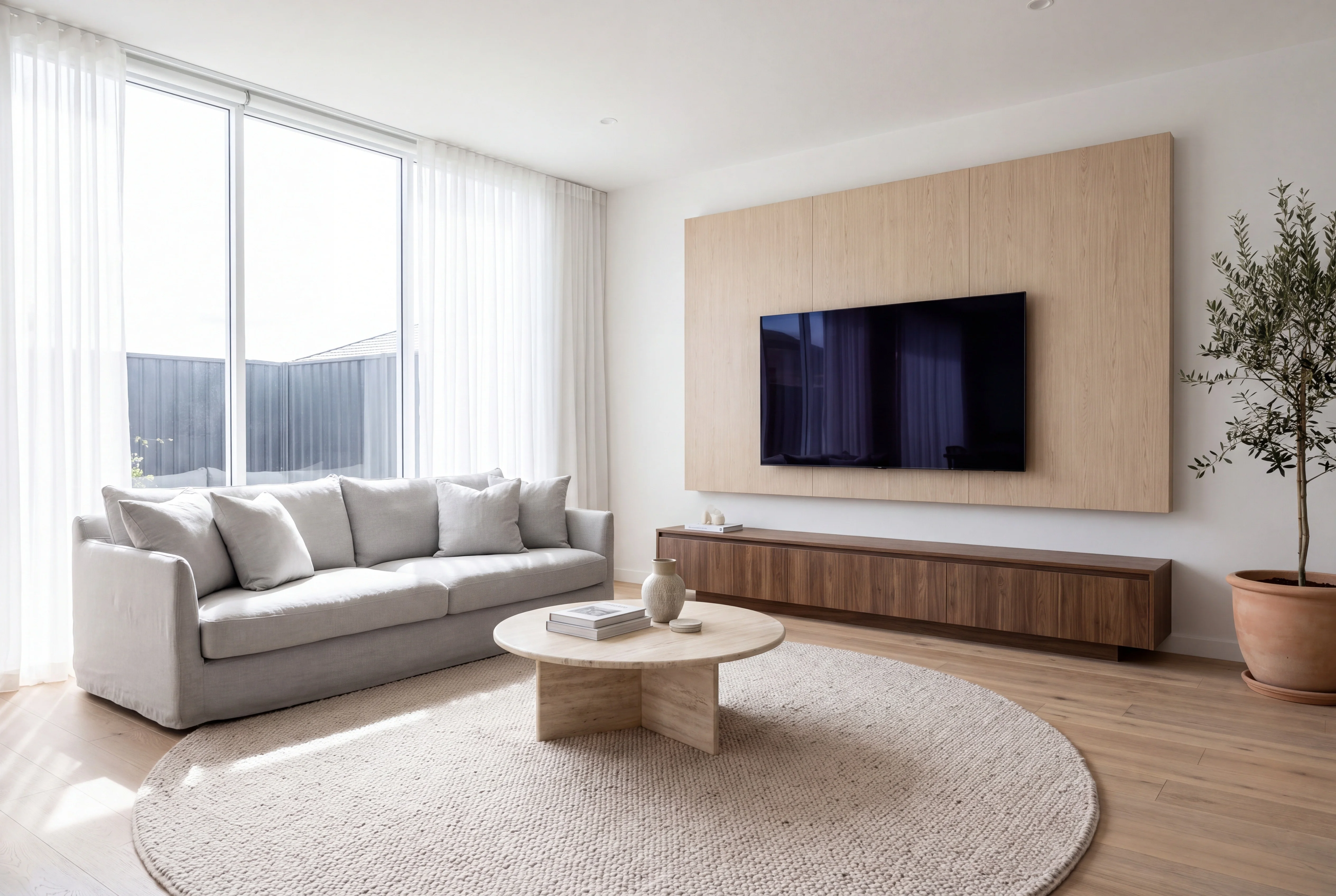 A staged living room with a switched-off TV on an oak media wall