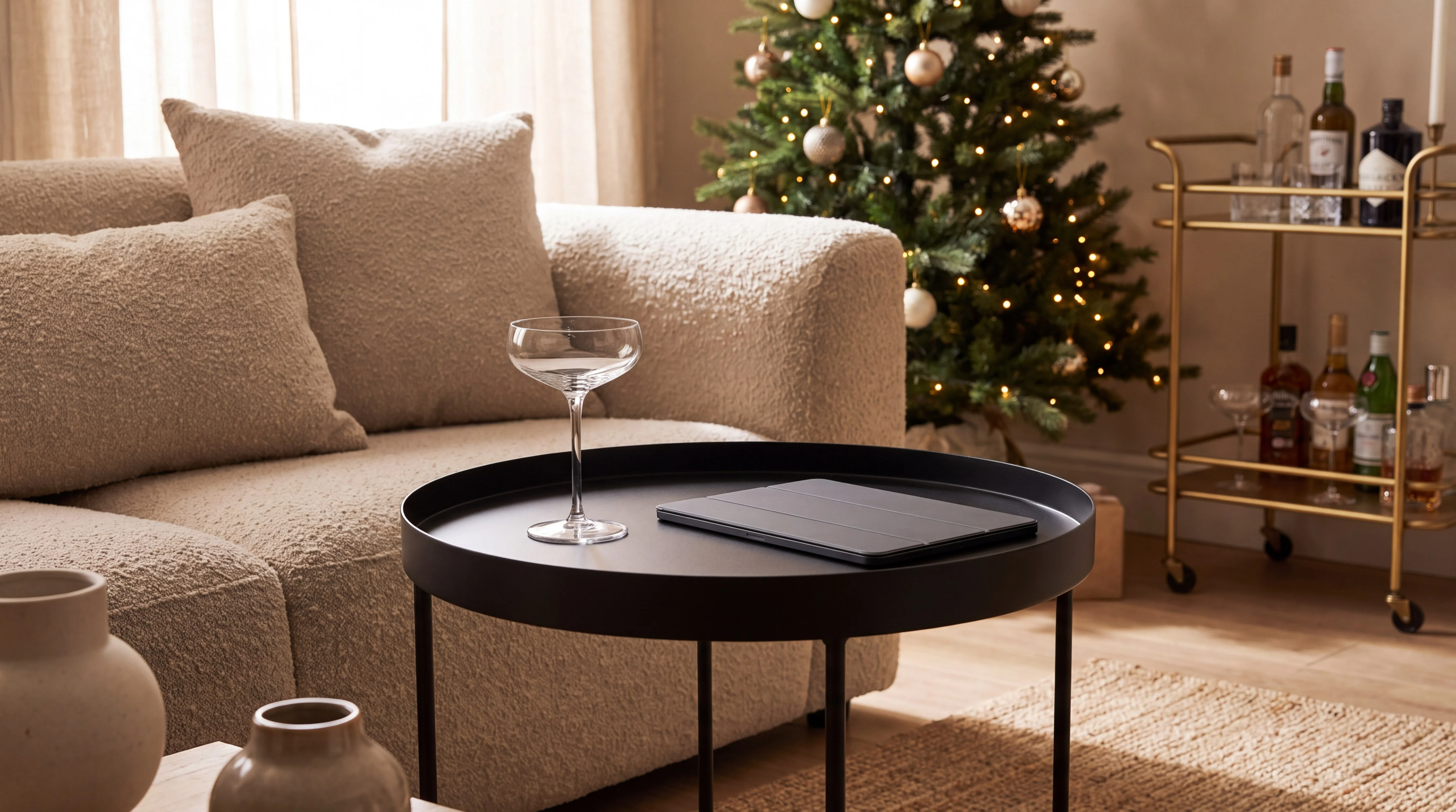 A styled living room vignette with a coupe glass on a black side table