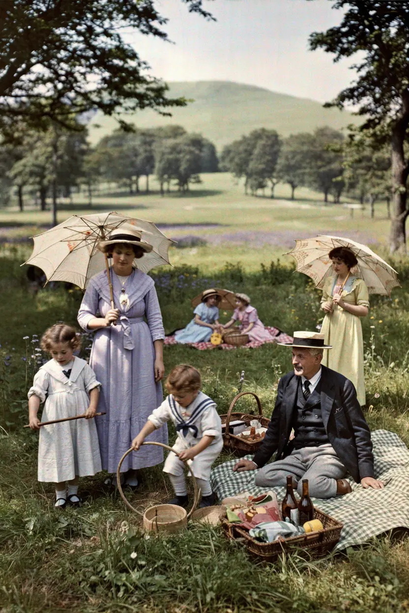 Edwardian family picnic in a meadow, autochrome color