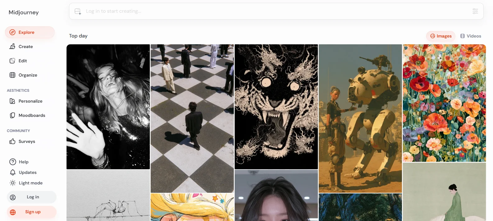 Midjourney Explore interface with a gallery of images and navigation for creating, editing, and organizing.