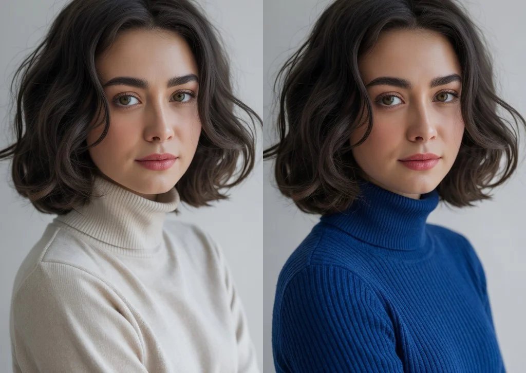 A portrait before and after image-to-image editing, with the sweater color changing from cream to blue