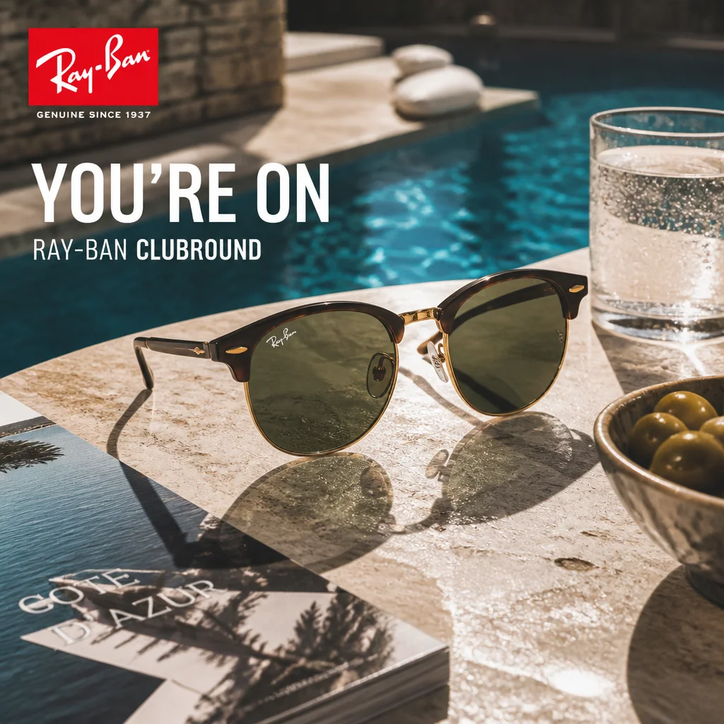 Ray-Ban lifestyle ad with sunglasses styled beside a sunlit pool.