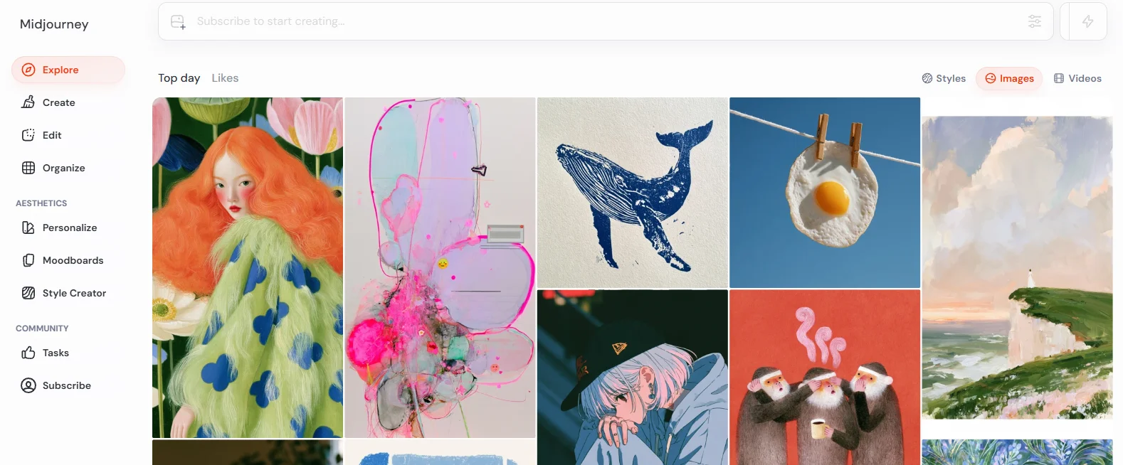 Midjourney’s web Explore feed showing a grid of illustrations and photographs, with Create, Edit, and Organize in the sidebar.