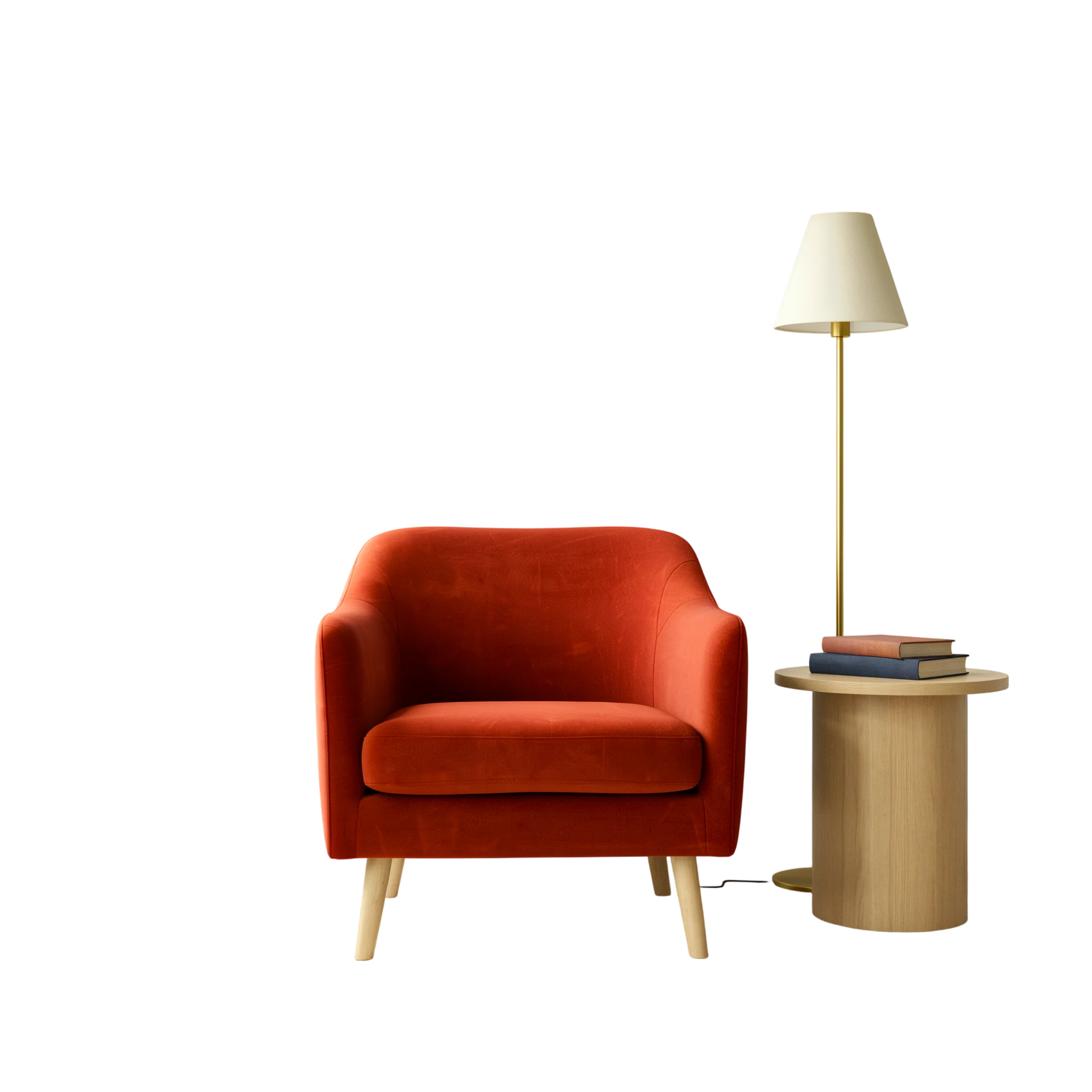 Photoroom's cutout of the armchair, side table, books, and the complete floor lamp, including its base and cord.