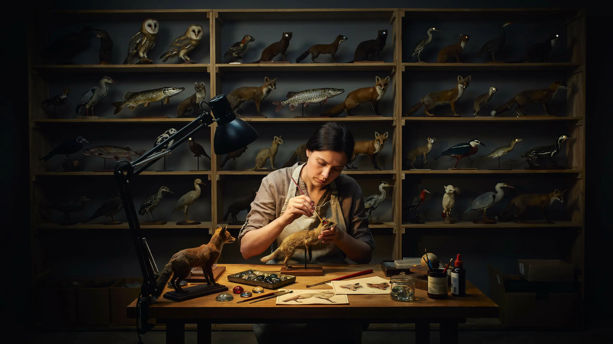 Taxidermist's workshop at midnight, woman painting a glass eye under a single lamp, specimens watching from the shelves.