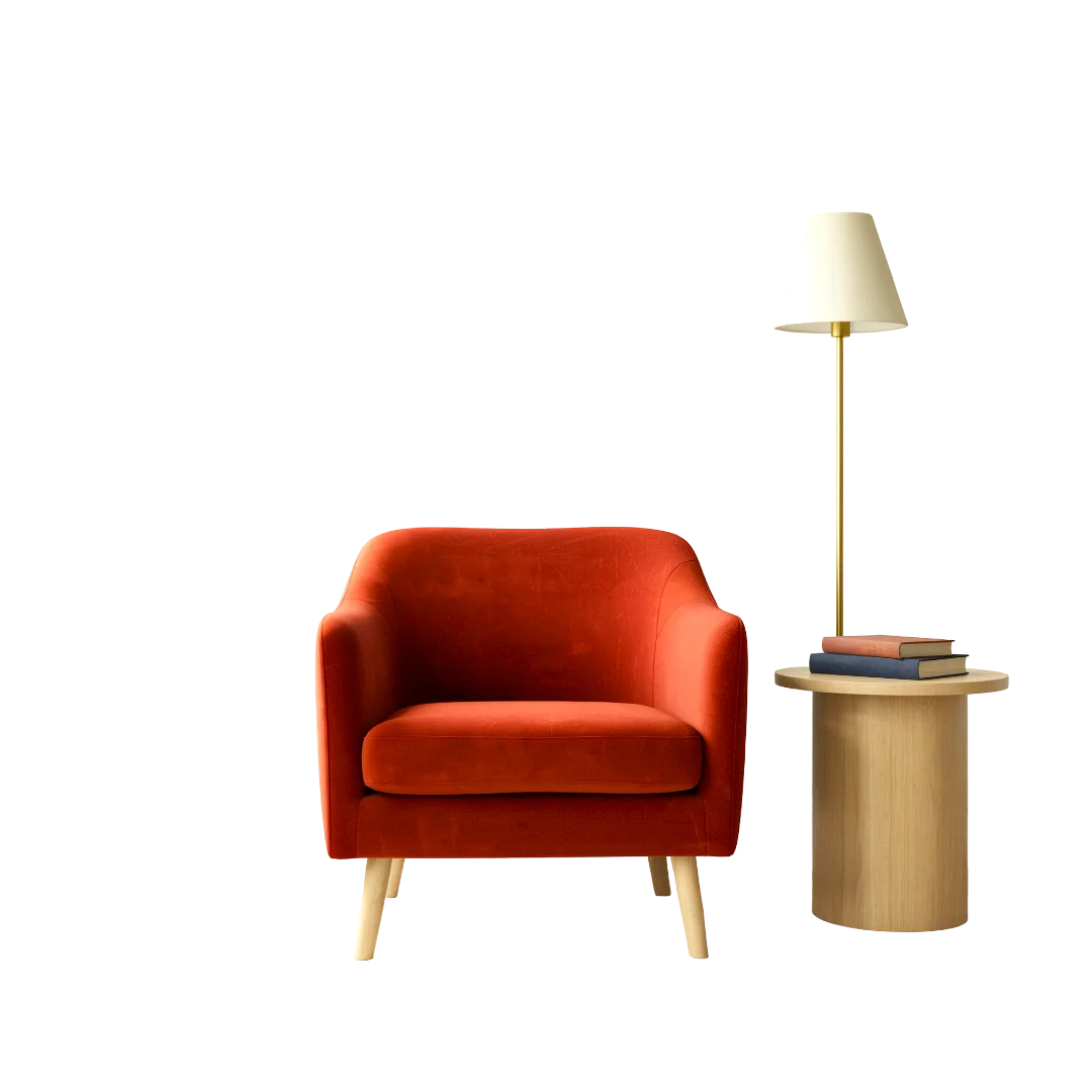 Pixelcut's cutout of the armchair, side table, books, lampshade, and lamp stem, without the lamp base or cord.