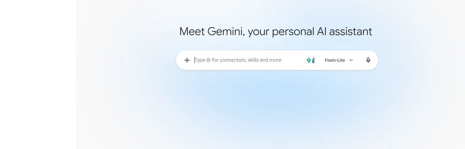 Gemini assistant start page with a prompt field for text, files, and other inputs.