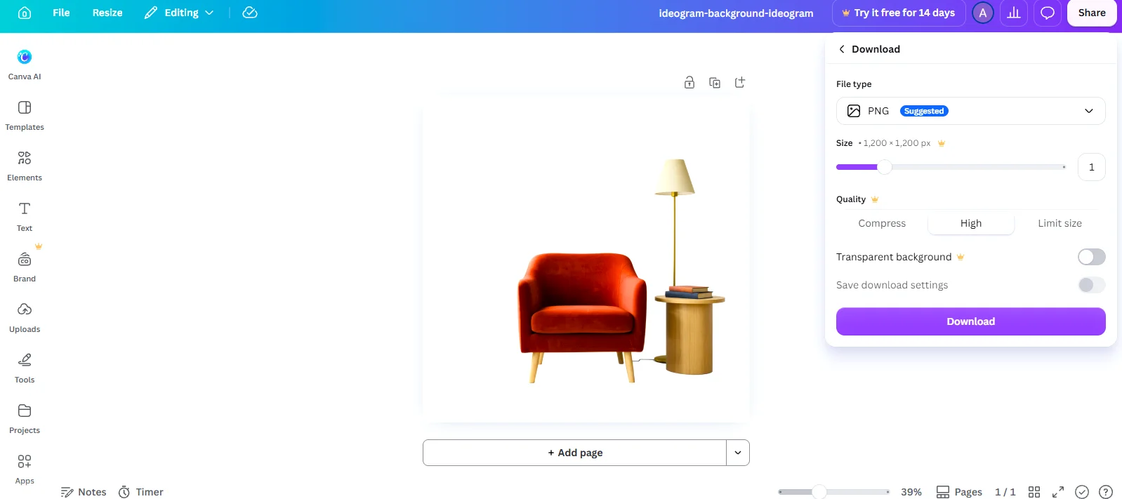 Canva's download panel for the furniture cutout, with the Transparent background setting marked as a paid feature.