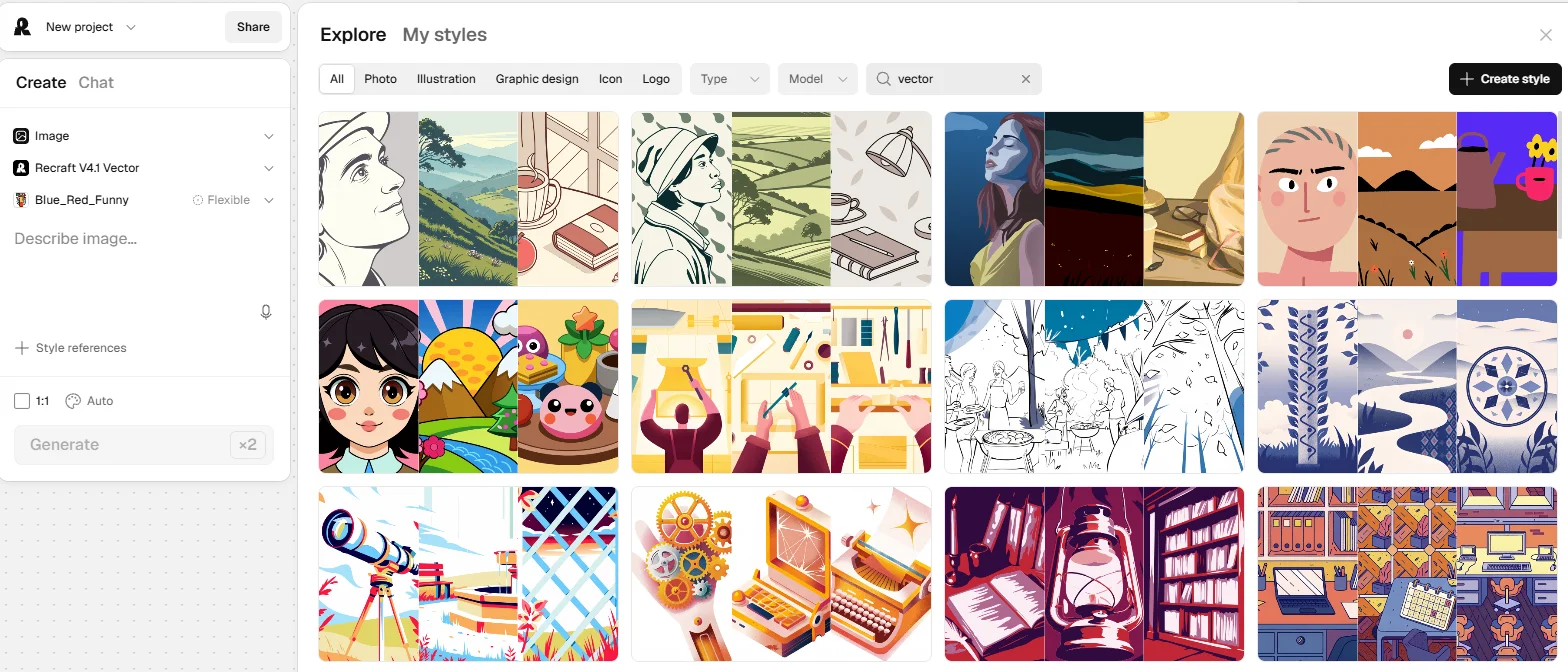 Recraft’s Explore page filtered to vector styles, beside a Create panel with the Recraft V4.1 Vector model selected.