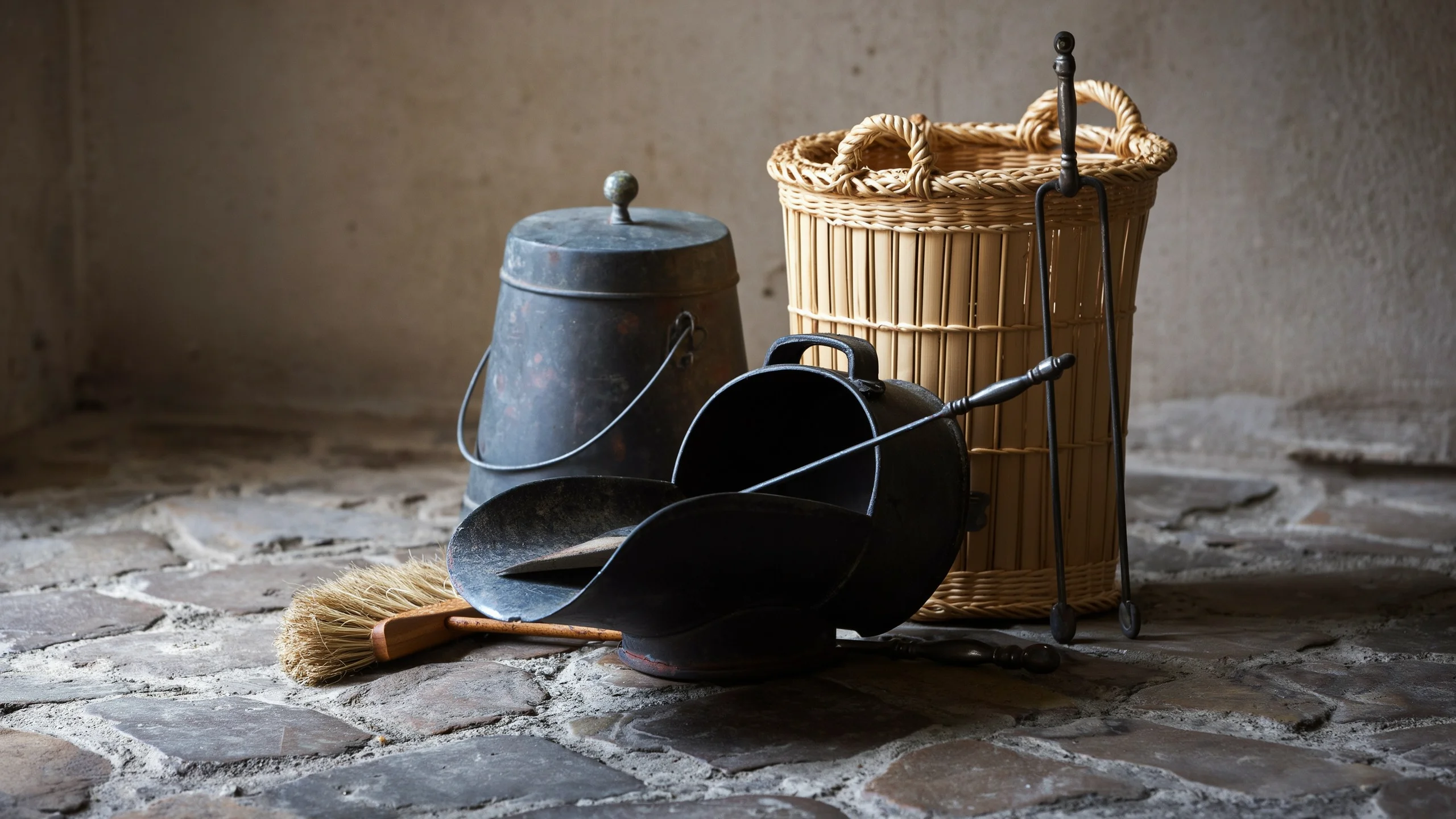 Pencil still life of basket and coal scuttle to a home photograph