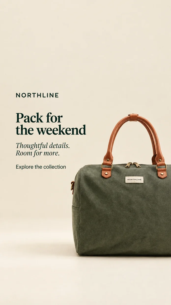 The tall NORTHLINE ad before the edit, with the headline “Pack for the weekend” above the supporting line and “Explore the collection,” and the bag cropped at the right edge.