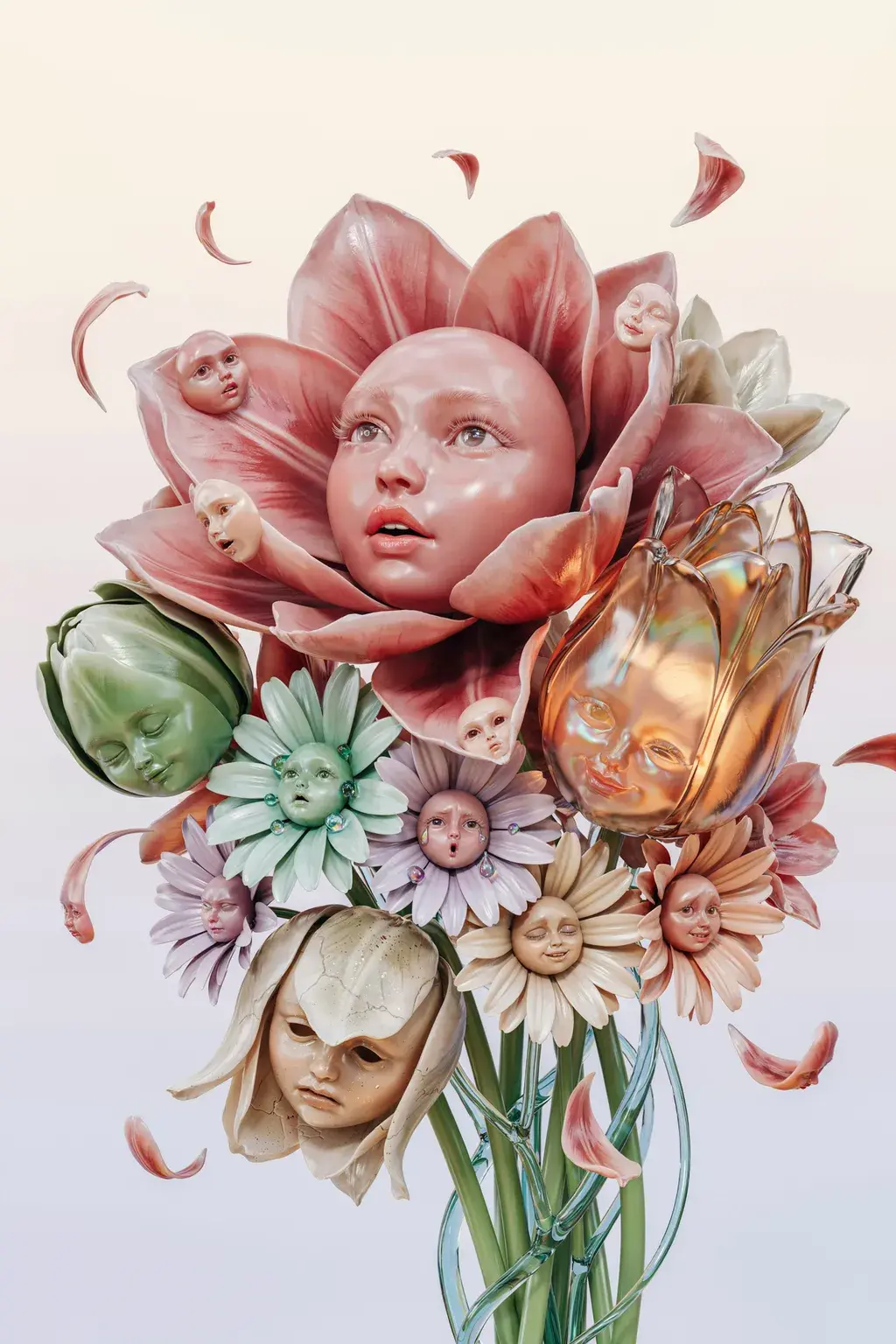 Surreal botanical composition, flowers with human faces in their petals, soft pastel pinks and greens and golds, dreamlike sculptural quality.